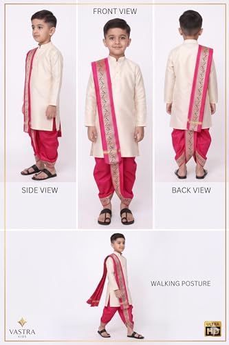 Image of Boys Dhoti Kurta Set Sherwani Style for Kids | Ethnic Traditional Kids Wear with Patiala Dhoti & Dupatta | Wedding Dress for Boys | Indian Cultural Outfit for Puja Festival Party