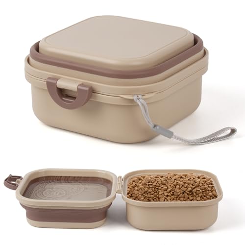 Faltbarer Napf mit Deckel, Reisenäpfe für Hunde, Faltbarer Wassernapf für Katzen, für Haustiere, Spaziergänge, Parken, Camping, 2-in-1 Tragbare Futterfütterung und -Aufbewahrung, Khaki, Klein