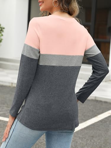Women's Long Sleeve Shirts Zipper Color Block V Neck Tunic Tops Casual Blouse - Image 6
