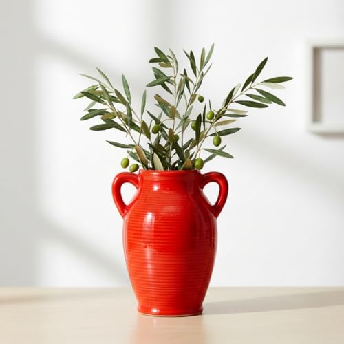 Sunddo Red Flower Vase for Home Decor, Modern Ceramic Vase for Centerpieces, Decorative Vase with 2 Handles, Kitchen, Bedroom, Office, Living Room & Bathroom, Shelf Decor, 8 Inch
