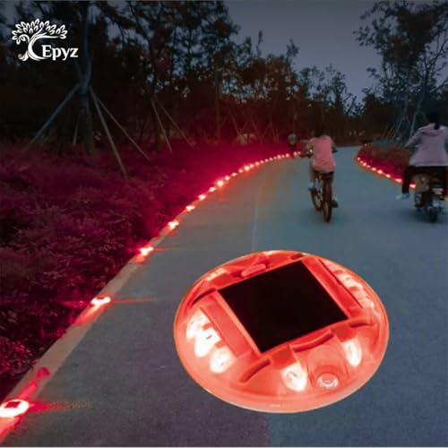 Image of Epyz Solar Road Stud Reflector Light Outdoor Waterproof, IP68, 10 Red LED Deck Lights for Driveway, Dock, Stairs, Sidewalk, Yard, Round, Pack of 1