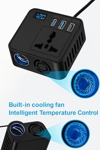 Image of 200W Car Power Inverter with 2 USB Ports (18W & 15W QC3.0), 1 USB-C 30W PD, and 2 AC Universal Outlets | 12V DC to 220V AC Converter for Laptop, Phone, and Electronics Charging