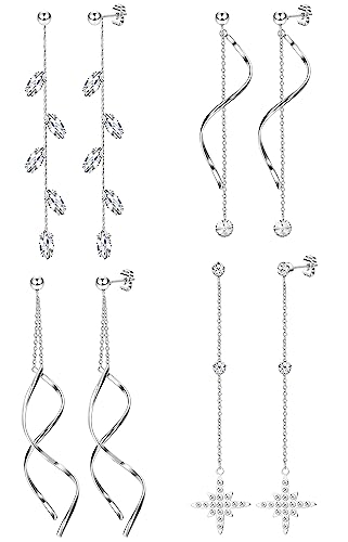 MILACOLATO 4 pares Pendientes Largos para Mujer Niña Acero Inoxidable Larga Cadena Pendientes Perla Hoja de Estrella Cúbica Zirconia Borla Enhebrador de Boda Colgante Pendientes de Cadena