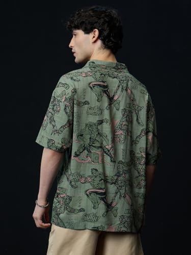 Image of The Souled Store Avengers: Comics Men and Boys Short Sleeves Collared Neck Button Front Green All Over Printed Viscose Oversized Shirts