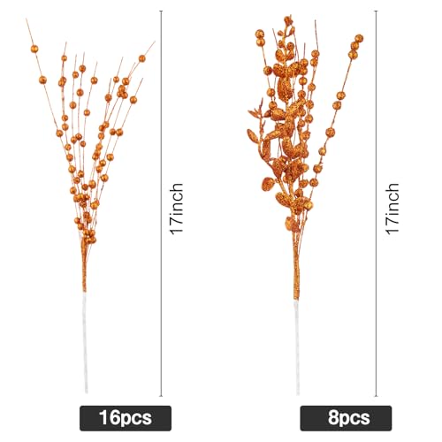 CristBest 24-Pack Christmas Tree Picks Ornaments, Artificial Glitter Berry Stem Glittery Twigs Ornaments for Christmas Tree Decorations, Small Vase, Holiday, Wedding, Party Decorations (Orange) - image 2
