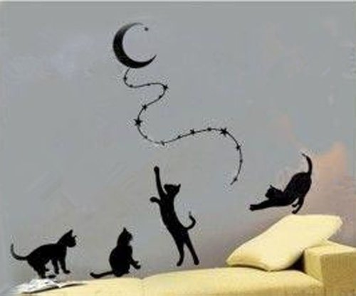 Cats Reaching the Moon Sticker Decal Home Decor for Living Bed Room Study, Black