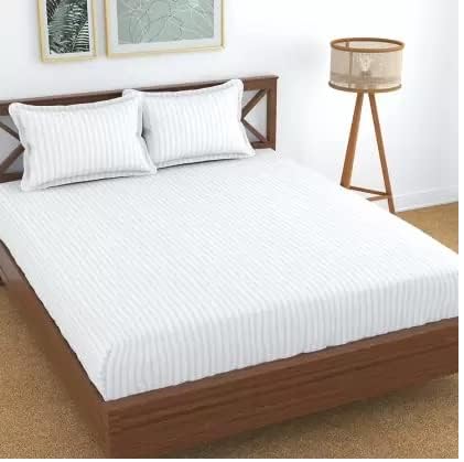 Image of KAWI Elastic Fitted Bedsheets (60 inchx78 inch) Queen Size Glace Cotton for Double Bed with All Around Elastic, 2 Large Pillow Cover, 200TC- White Striped Pattren
