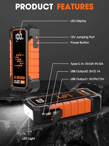 S ZEVZO A11 Jump Starter, Upgraded 5000A Car Battery Jumper Starter Portable (10.0L Gas & 7.0L Diesel Engines) with Booster 12V Lithium Jump Box with USB Charger, LCD Display, Flashlight, and Case - image 8