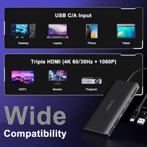 USB C Docking Station 3 HDMI Triple Display 4K 60Hz, KOZYC 9 IN 1 USB Hub with 3xHDMI, 3xUSB 3.0, SD/TF, and 100W PD, Support HDMI Splitter Extend Display, Compatible with Mac M1/M2/M3/Windows/Dell - Image 6