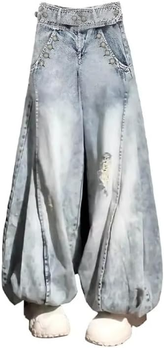 Retro Denim Lantern Pants for Women High Waist Hole Trousers Y2k Baggy Ripped Jean Pants Wide Leg Jeans