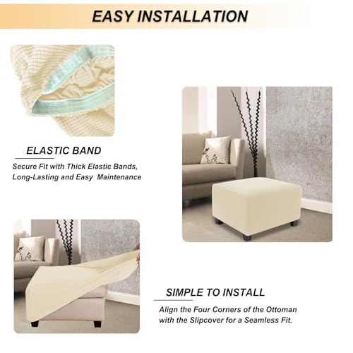 Image of NeColorLife Stretch Ottoman Cover Square Oversized Soft Knitted Jacquard Thick Covers for Large Square Ottoman Storage Stool Furniture Protector Beige X-Large