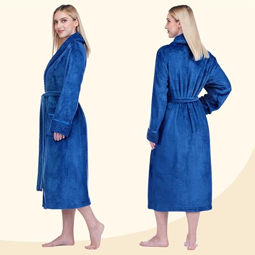 Image of PAVILIA Women's Plush Fleece Robe, Soft Cozy Long Bathrobe with Satin Waffle Trim, Warm Lightweight, Pockets & Tie Belt