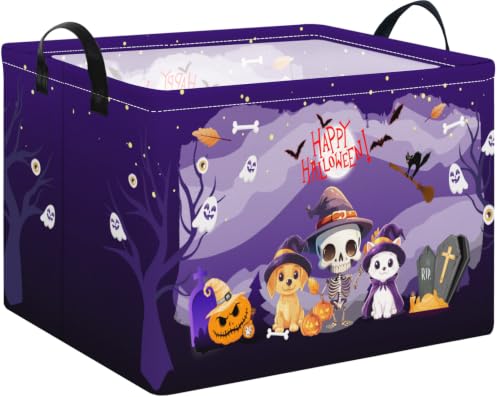 Image of Purple Spooky Night Halloween Basket with Kitten Puppy Ghost Prints,Trick or Treat Storage basket for Gifts and Party Stuffers(Kitten Puppy Skeleton)