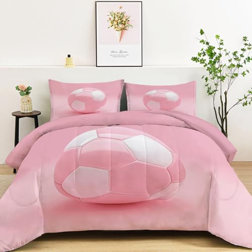 Sportlicher Rosa Fußball Ganzjahresdecke, 4 Jahreszeiten Waschbare Bettdecke Ohne Bezug, Wendbare Tagesdecke aus Mikrofaser, beidseitig verwendbar, 200x200 cm, Rosa