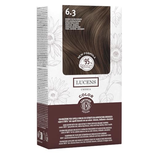 Lucens Umbria - 6.3 Biondo Scuro Dorato, Tinta per Capelli Senza Ammoniaca, Kit Colorazione Permanente Vegan con Estratti Naturali, Azione Lenitiva, Idratante e Protettiva