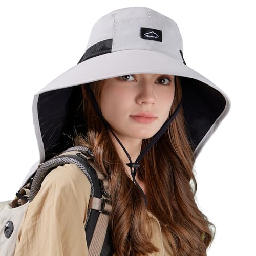 Image of Rosoz Outdoor Sun Hat for Men Women, UPF50+ Protection Safari Cap Wide Brim Mesh Fishing Hat with Neck Flap Beach Garden