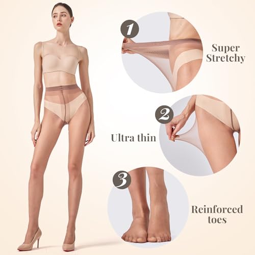 Image of 3 Pairs Sheer Pantyhose for Women T-Crotch Tights 20D Ultra Thin High Waist Stockings