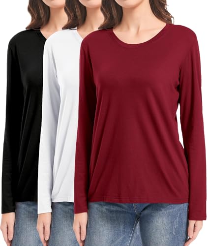 DMVOD 3er-Pack Baumwoll-T-Shirts mit Langen Ärmeln, Workout-Oberteile für Damen, Basic-T-Shirt mit Rundhalsausschnitt Black/White/Red-XL DMVOD 3er-Pack Baumwoll-T-Shirts mit Langen Ärmeln, Workout-Oberteile für Damen, Basic-T-Shirt mit Rundhalsausschnitt Black/White/Red-XL