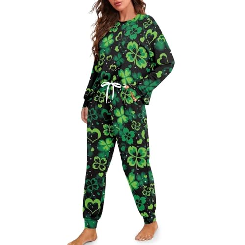 Image of Womens Lounge Set Long Sleeve Soft Pajama Sets Casual 2 Piece Pj Outfit Crewneck Sleepwear with Pockets Plus Size