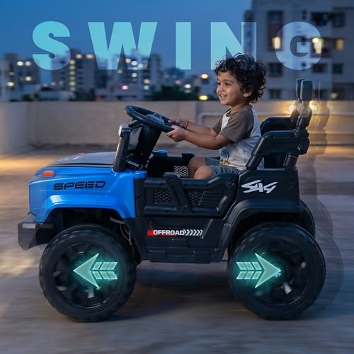 Image of Baybee SpeedRover Baby Battery Operated Jeep for Kids | Ride on Toy Electric Car with 4x4 Motors, Swing Mode, Led Lights & Music | Rechargeable Electric Ride on Toy Car for Kids 2 to 6 Years (Blue)