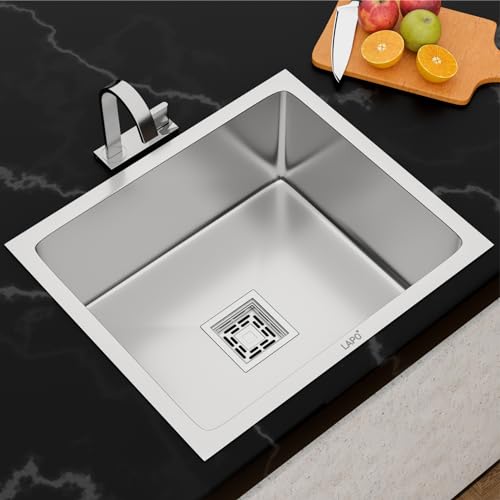 Image of LAPO Kitchen Sink Built in Stainless Steel | 21x18x9 Inch Single Bowl Design with Pre-Cut Tap Hole | UV Resistant Surface | Includes Drain Assembly, Pipe & Strainer | 20 Years Warranty (Silver Matt)