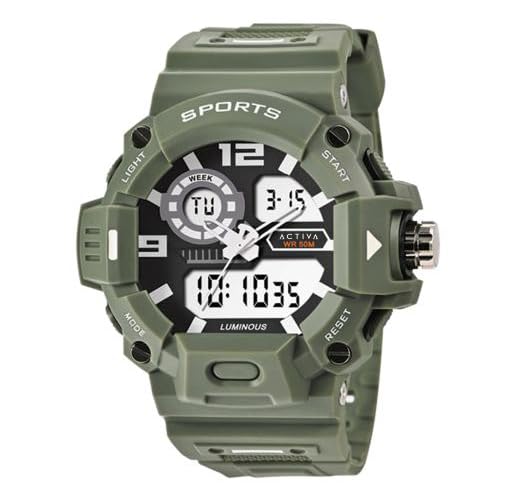 Angled front view of a green sports watch, highlighting the digital display and various buttons.