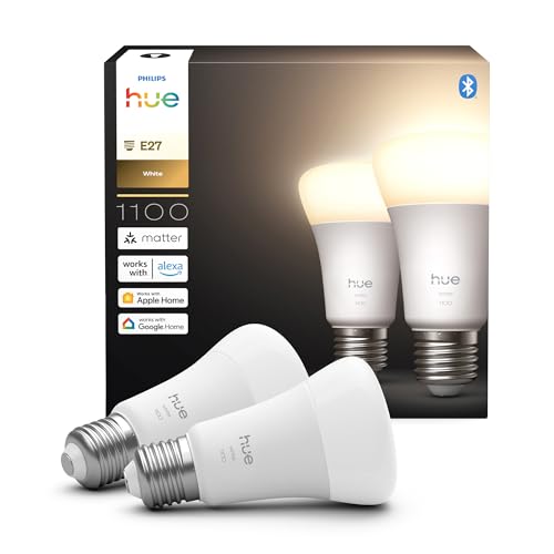 Philips Hue Bombilla A60 Smart LED, luz blanca cálida 2700 K, base E27, 9,5 W, 1100 lúmenes, regulable, funciona con Alexa, Google Assistant y Apple Home, paquete de 2 unidades
