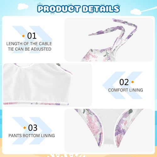 KLL Purple Flowers Girls 2 Piece Bikini Set Beach Bathing Suit Swimwear Adjustable Shoulder Strap4