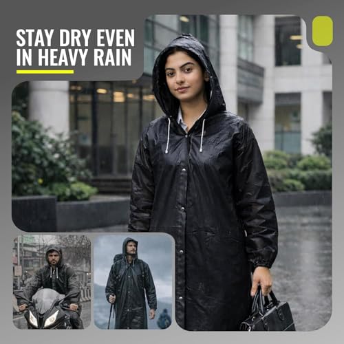 Image of EVA Reusable Raincoat with Hood (Black) - Pack of 1 | Elasticated Full Sleeves Outdoor Waterproof Raincoat for Men & Women | Rainwear | Button Closure | Knee Length | Universal Fit
