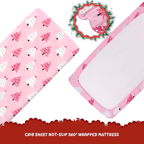 Image of Cloele Christmas Fitted Crib Sheet for Baby,Pink Bow Trees,52x28in