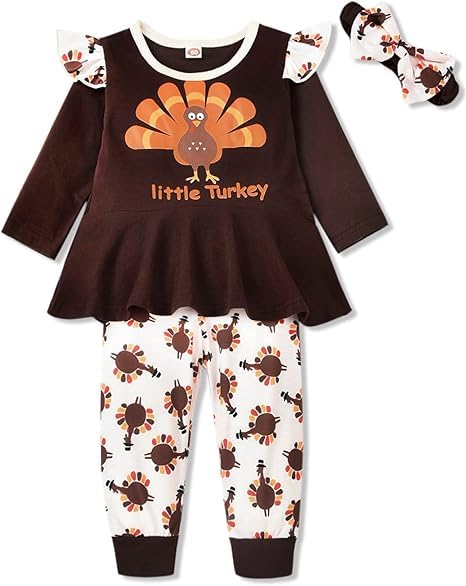 fioukiay Toddler Baby Girl Thanksgiving Outfits Infant Baby Girls Turkey Clothes Ruffle Tunic Top Clothing Pants Set