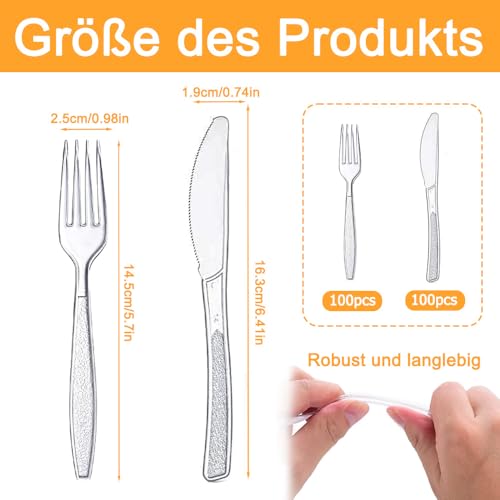 Plastikbesteck, 200 Stück Party Besteck Plastik, 100 Plastik Messer 100 Plastikgabeln Party Besteck Wiederverwendbar für Familie Partys Geburtstagsfeiern