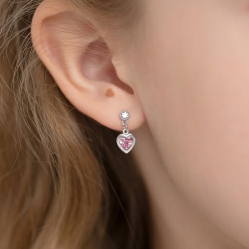 925 Sterling Silver Dangle Cubic Zirconia Heart Safety Screw Back Earrings For Young Girls -Heart Dangle Earrings With Security Backs For Young Children3