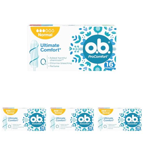 Tampones OB ProComfort Ultimate Comfort (1 x 16), tampones de absorbencia normal sin sustancias químicas nocivas ni fragancia, tampones sin aplicador no blanqueados con cloro (Paquete de 4)