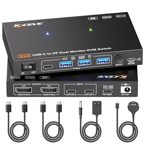 Image of USB C KVM Switch 2 Monitors 2 Computers 4K@60Hz,2 Monitors KVM for 2 Laptops Share Dual External Displays and 4 USB3.2 Peripherals,10Gbps,PD 100W, Wired Remote,USB-C Cables and 12V Power Adapter