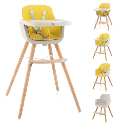 Image of BABY JOY Convertible Baby High Chair, 3 in 1 Wooden Highchair/Booster/Chair with Removable Tray, Adjustable Legs, 5-Point Harness, PU Cushion and Footrest for Baby, Infants, Toddlers (Yellow)