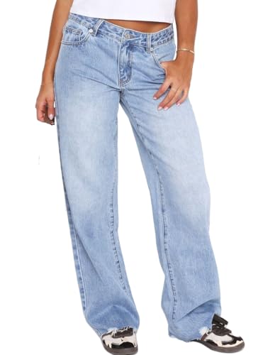Women's Wide Straight Leg Jeans Mid Low Waist Baggy Frayed Raw Hem Loose Boyfriends Denim Pants Casual Trousers