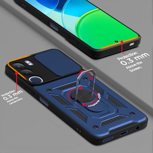 Image of Pikkme Back Cover for Vivo Y29 5G / Vivo Y19s | D10 Tough Armor | 360 Protection Case | Sliding Camera Shield Cover & Ring Holder Stand Bumper Case (Blue)