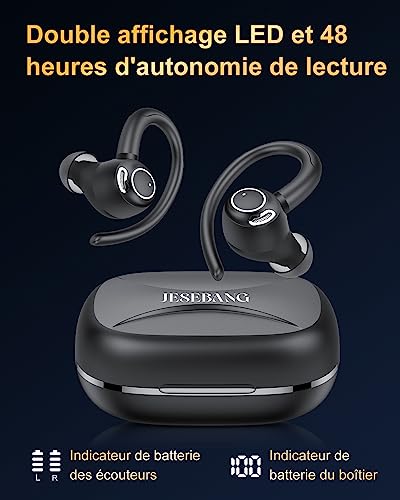 jesebang ecouteurs bluetooth sans fil sport, 2023 Écouteur bluetooth 5.3 hifi stéréo avec enc mic, oreillette running ip7 Étanche, 40h casque bluetooth Écran led, noir