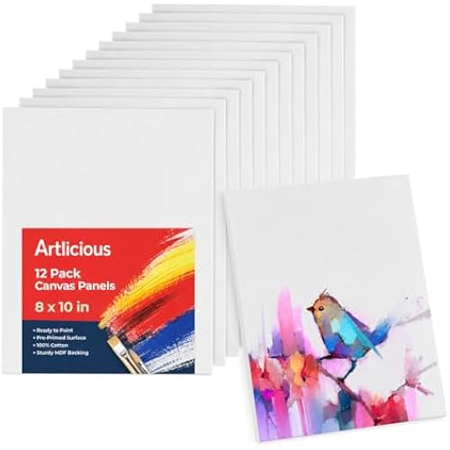 Artlicious Canvases for Painting 12 Packs - 8 x 10” Blank Canvas 100% Cotton Painting Canvas Panels for Acrylic, Oil & Watercolor Paint for Canvas Painting