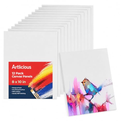 Artlicious Canvases for Painting 12 Packs - 8 x 10” Blank Canvas 100% Cotton Painting Canvas Panels for Acrylic, Oil & Watercolor Paint for Canvas Painting