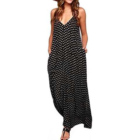 LILBETTER Women V-Neck Polka Dot Print Spaghetti Strap Boho Long Maxi Dresses(Black,X-Large) Cover