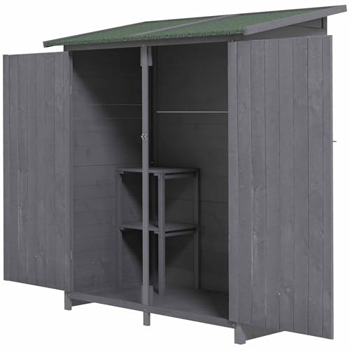 Outsunny Small Shed, Wooden Garden Shed with Flexible Table, Hooks and Ground Nails, Lockable Tool Shed with Asphalt Roof, 140 x 75 x 157cm, Grey