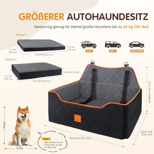 Hunde-Autositz für Hunde unter 25 kg oder 2 kleine Hunde, Sicherheits-Memory-Schaum-Autositz mit 2 Kissen und Sicherheitsleinen, großes Reisebett für den Rücksitz
