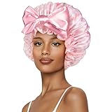 Vettres Cute Adjustable Silk Bonnet for Sleeping Double Layer Satin Cap Hair Sleep Bonnet for Curly Hair Pink White Bow