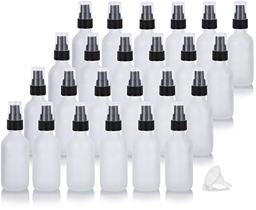 JUVITUS 2 oz Frosted Clear Glass Boston Round Black Treatment Pump Bottle (24 pack) + Funnel Refillable Empty Storage Containers