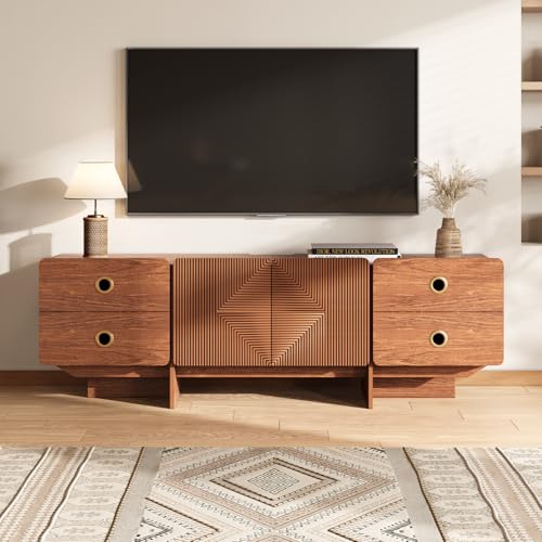 JOINICE TV Stand, Boho TV Stand for Living Room, Mid Century Modern TV Stand, Storage Cabinet and Entertainment Center, Modern TV Console Table for 75+ Inch TV(Cherry 66