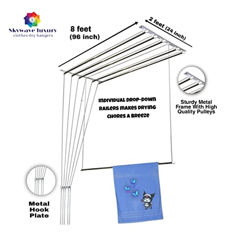 Skywave Luxury Premium Rust Proof Stainless Steel Ceiling Clothes Dryer Hanger with UV Protected Nylon Ropes Individual dropdown, Clothes Drying Rack for Balcony Iron Bracket (6 FEET x 6 Pipes)