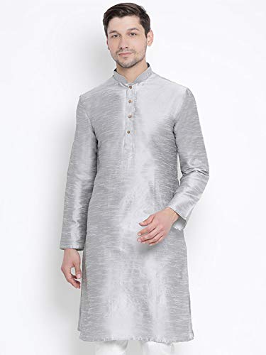 Image of VASTRAMAY Men's Grey Silk Blend Kurta - Comfortable Fit, Mandarin Collar, Full Sleeve - Perfect for Festive, Party