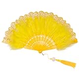 Fumwase Foldable Feather Fan Embroidered Flower Handheld Chinese Folding Fans 1920s Feather Fan Flapper Hand Fan for Costume Party Wedding Dancing Decoration (Yellow)